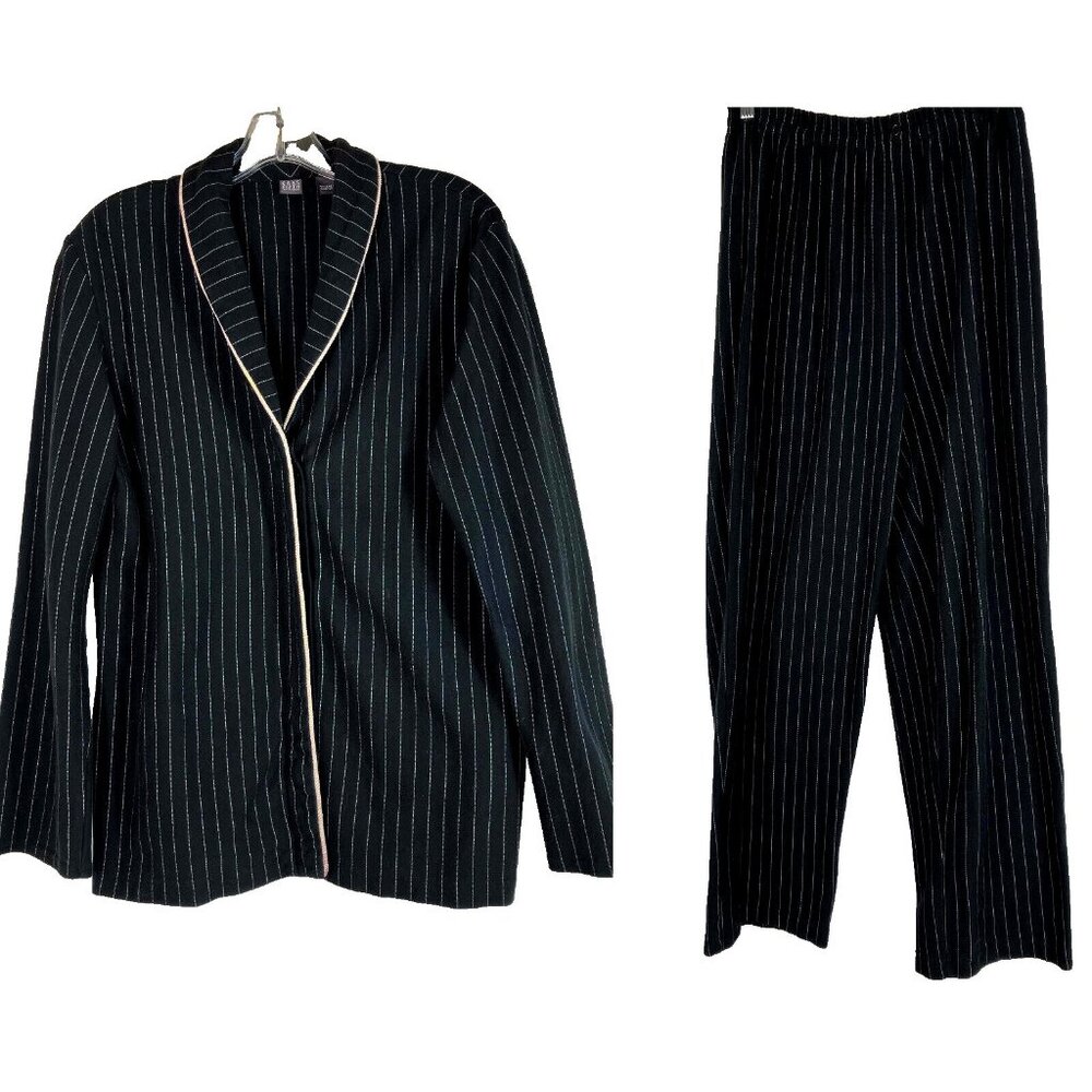 L Saks Fifth Ave Cotton Pinstripe Men's Style Woman Pjyama PJ Black